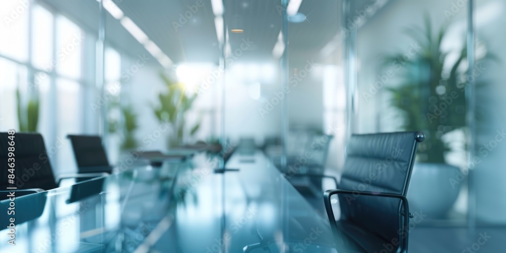 A glass conference room with a black leather chair and a potted plant A glass conference room with a black leather chair and a potted plant
