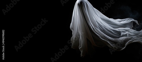 A Halloween themed ghost crafts a ghost on a black background creating a perfect copy space image for text The image offers creative inspiration with its blank canvas and top down perspective