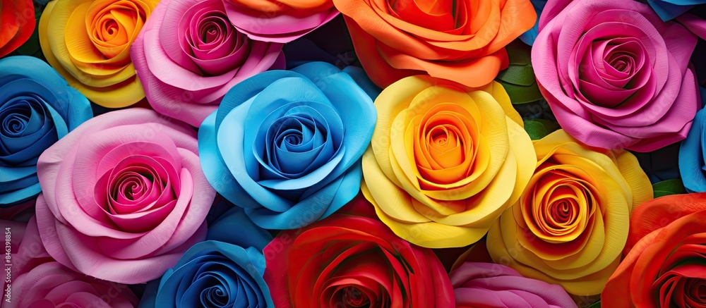A greeting card with a vibrant backdrop of colored crepe paper holds colorful crepe paper roses with ample space for text or images A greeting card with a vibrant backdrop of colored crepe paper holds colorful crepe paper roses with ample space for text or images