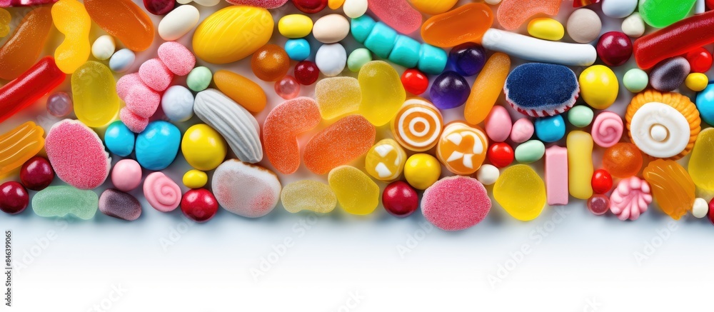A mixture of colorful candies in various shapes and sizes The image has plenty of copy space available A mixture of colorful candies in various shapes and sizes The image has plenty of copy space available