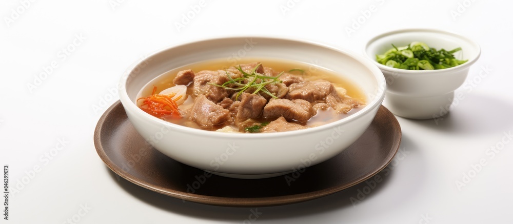 A copy space image of a white background with horizontally shot miso soup featuring pork and vegetables A copy space image of a white background with horizontally shot miso soup featuring pork and vegetables