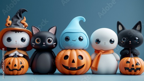 A group of adorable Halloween cartoon characters, including a smiling pumpkin, a friendly ghost, and a cute black cat, posing together against a white isolated background