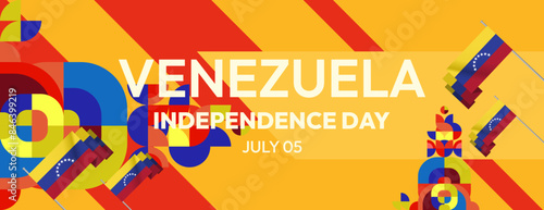 Venezuela Independence Day banner in modern geometric style. Wide banner with typography and also country flag. Background for national holiday celebration party. Happy Venezuela Independence Day