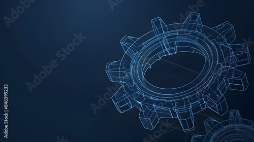 Vector wireframe illustration of a gear on a dark blue background. Mechanical technology machine engineering symbol. Project development, engine work, business plan illustration