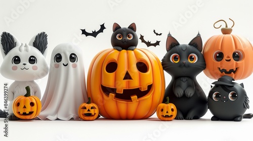 A group of adorable Halloween cartoon characters, including a smiling pumpkin, a friendly ghost, and a cute black cat, posing together against a white isolated background