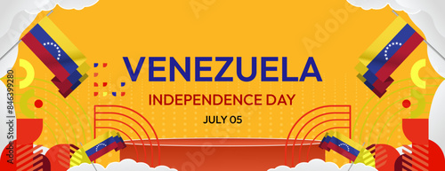 Venezuela Independence Day banner in modern geometric style. Wide banner with typography and also country flag. Background for national holiday celebration party. Happy Venezuela Independence Day