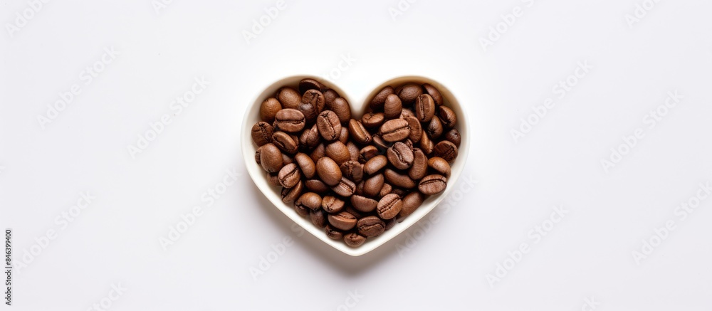 A top view of a heart shaped coffee bean on a blank space image. copy space available A top view of a heart shaped coffee bean on a blank space image. copy space available