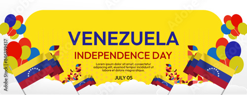 Venezuela Independence Day banner in modern geometric style. Wide banner with typography and also country flag. Background for national holiday celebration party. Happy Venezuela Independence Day