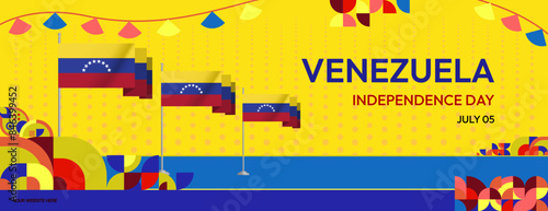 Venezuela Independence Day banner in modern geometric style. Wide banner with typography and also country flag. Background for national holiday celebration party. Happy Venezuela Independence Day