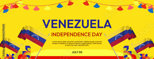 Venezuela Independence Day banner in modern geometric style. Wide banner with typography and also country flag. Background for national holiday celebration party. Happy Venezuela Independence Day