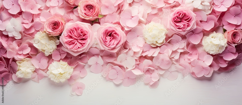 A delightful arrangement of pink roses and hydrangea flowers creating a loving and charming copy space image