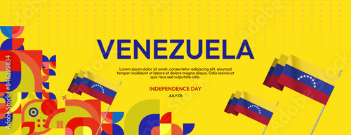 Venezuela Independence Day banner in modern geometric style. Wide banner with typography and also country flag. Background for national holiday celebration party. Happy Venezuela Independence Day