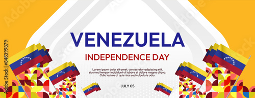 Venezuela Independence Day banner in modern geometric style. Wide banner with typography and also country flag. Background for national holiday celebration party. Happy Venezuela Independence Day