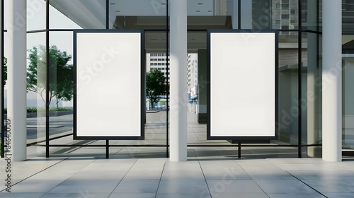 Two blank advertising displays in a modern interior, realistic style, against a glass facade, concept of promo space. 3D Rendering photo