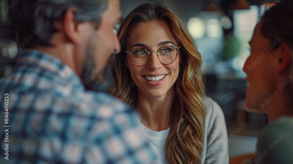 Fototapeta premium Young adult with parents meeting a financial advisor in a stylish office