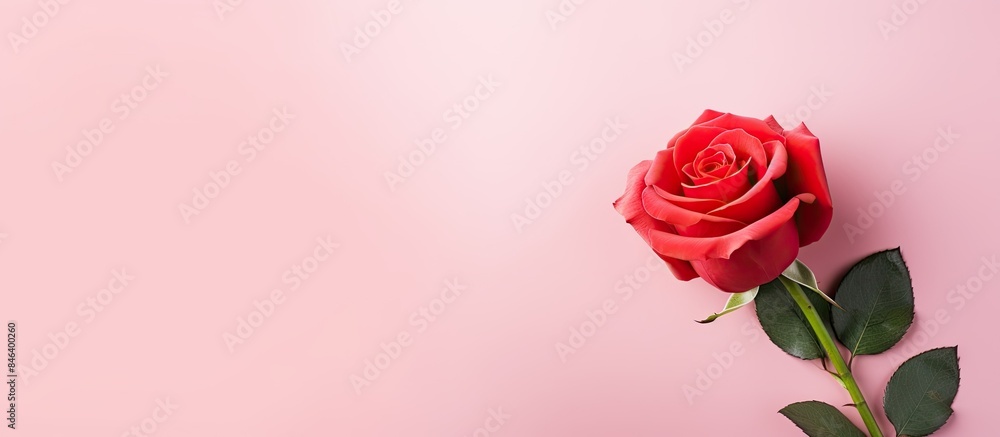A creative flat lay photograph featuring a red rose on a pink background perfect for Valentine s Day with ample space for copy or other elements A creative flat lay photograph featuring a red rose on a pink background perfect for Valentine s Day with ample space for copy or other elements