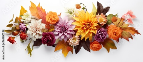A beautiful fall themed floral arrangement with a colorful assortment of flowers placed on a clean white background The composition depicts the essence of autumn and can be seen from a bird s eye vie © StockKing