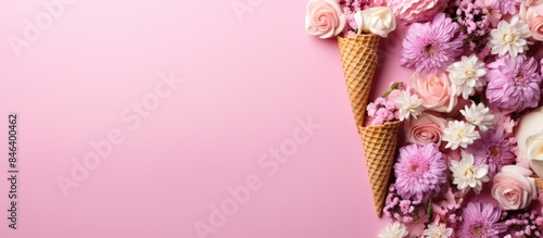A pink background showcases a waffle cone decorated with flowers The image is captured from a top down perspective creating a pleasing flat lay composition. copy space available
