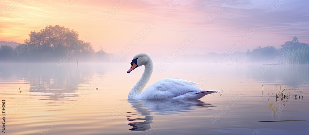 Obraz premium A serene rural landscape featuring a charming goose gracefully floating in the tranquil waters of a calm lake with a copyspace image