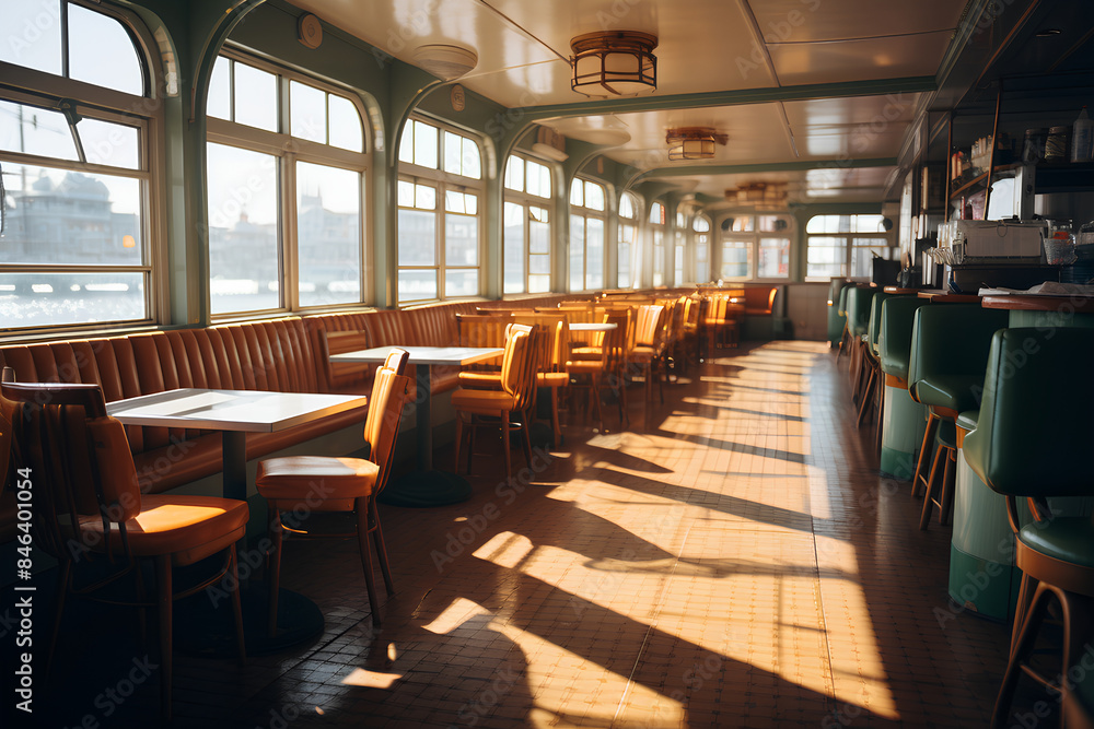 Restaurant inside a ferry, closeup, with sunlight Restaurant inside a ferry, closeup, with sunlight