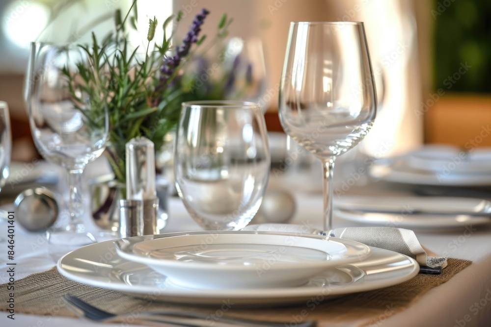 Elegant Dining Table Setting in Restaurant with Wine Glasses Elegant Dining Table Setting in Restaurant with Wine Glasses