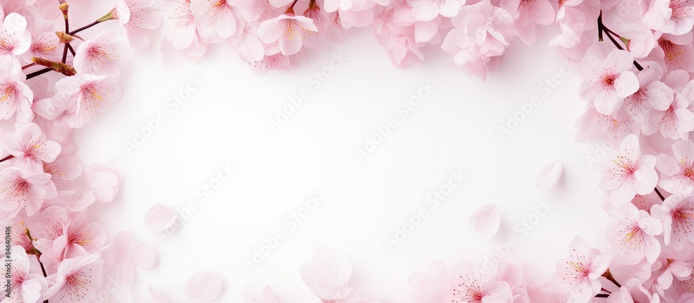 A white background with beautiful pink sakura cherry frames creates a stunning springtime scene Ample copy space is available A white background with beautiful pink sakura cherry frames creates a stunning springtime scene Ample copy space is available