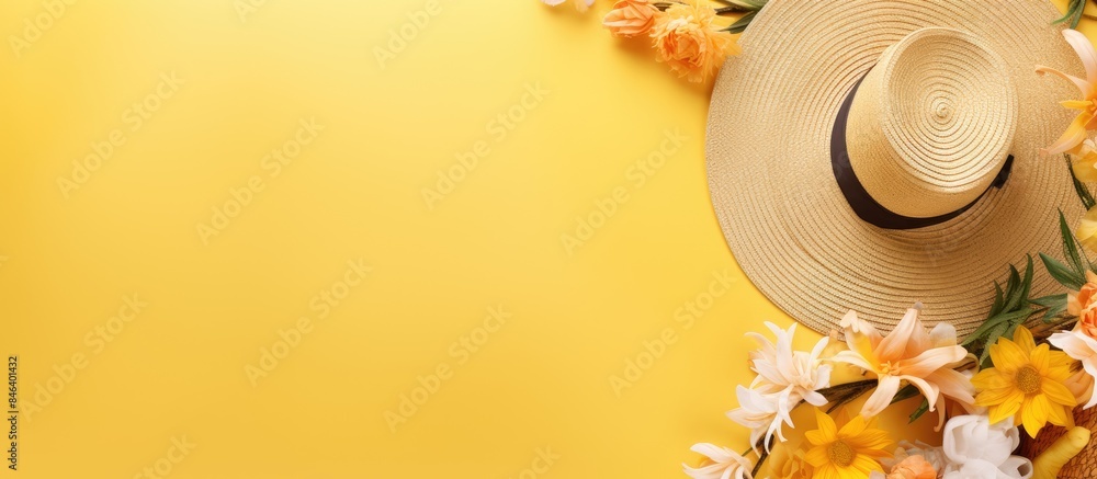 A copy space image featuring women s summer travel accessories arranged in a flat lay on a yellow background with blank space available for text A copy space image featuring women s summer travel accessories arranged in a flat lay on a yellow background with blank space available for text