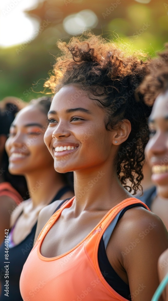A group of women are smiling and wearing orange tank tops A group of women are smiling and wearing orange tank tops