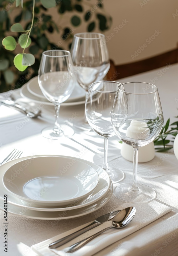 Elegant table setting with clear glassware and white plates.