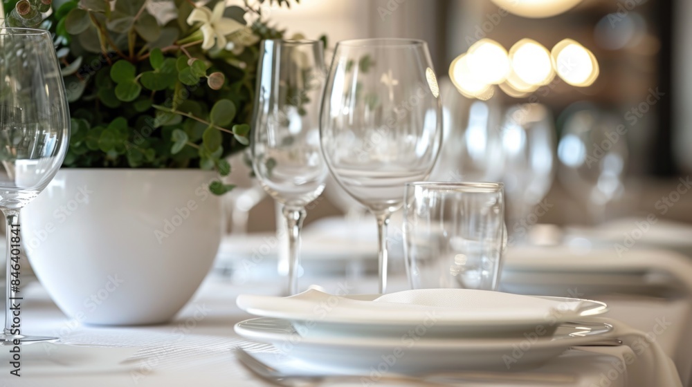 Elegant Dining Table Setting in Restaurant with Wine Glasses Elegant Dining Table Setting in Restaurant with Wine Glasses