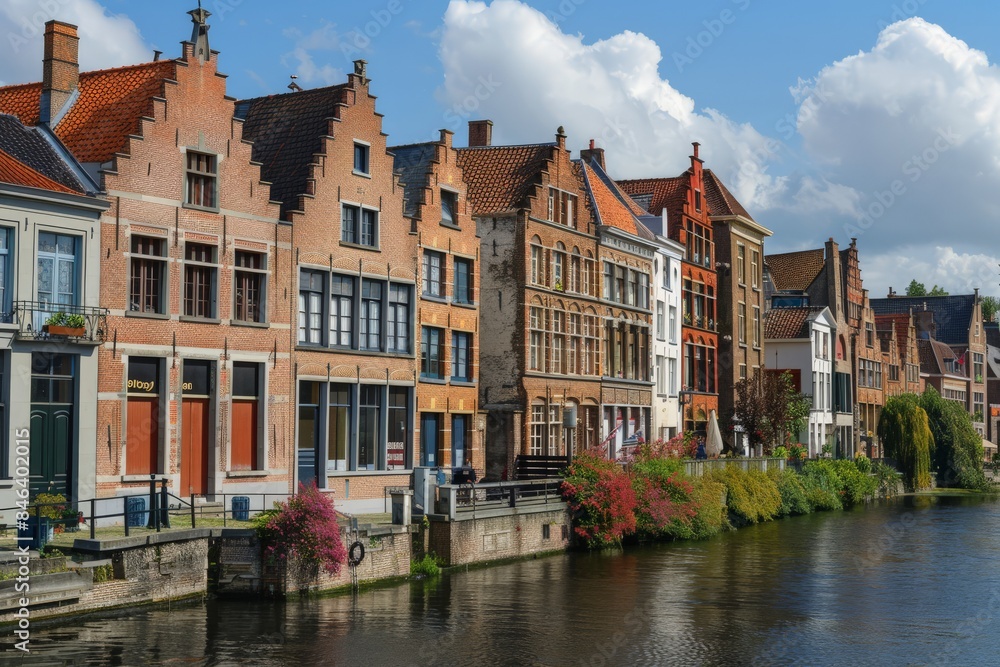 A serene canal view in Belgium featuring the iconic architecture and vibrant blooms along the water's edge A serene canal view in Belgium featuring the iconic architecture and vibrant blooms along the water's edge