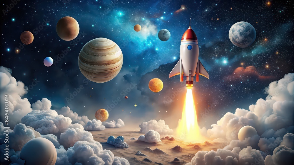 Fototapeta premium of a paper rocket in space surrounded by clouds, moon, stars, and planets, space, rocket, paper,clouds, moon, stars, planets, outer space, exploration, galaxy, creative, fantasy, whimsical