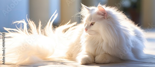 A white cat s furry tail rests on a marble surface basking in the warm rays of sunlight in the background The composition is perfect for a copy space image photo