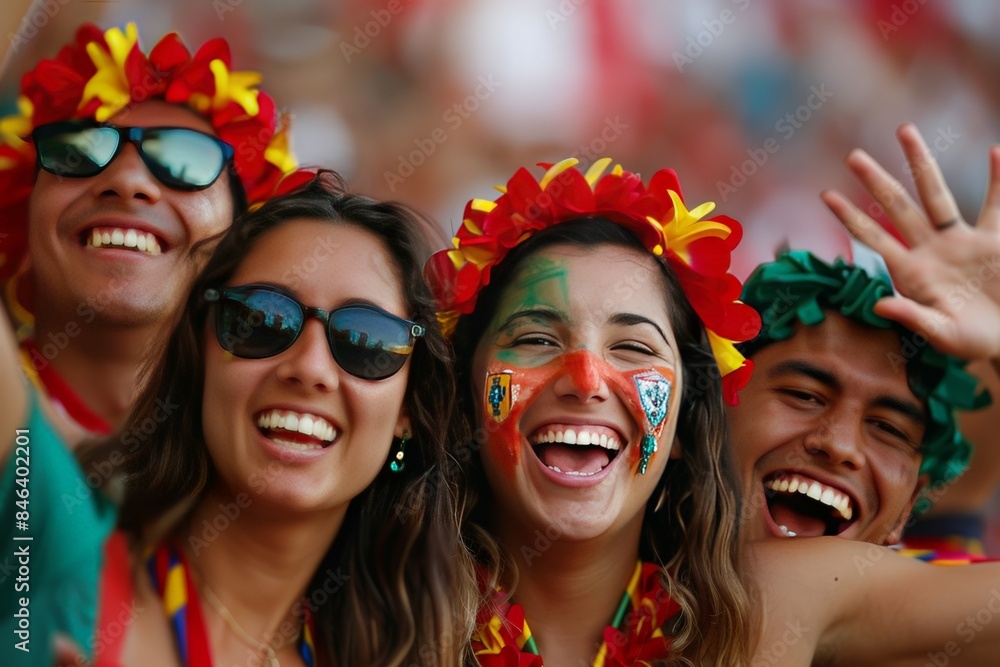 A group of laughing friends with creative face paint joyfully celebrate at a sports event, showing great camaraderie A group of laughing friends with creative face paint joyfully celebrate at a sports event, showing great camaraderie
