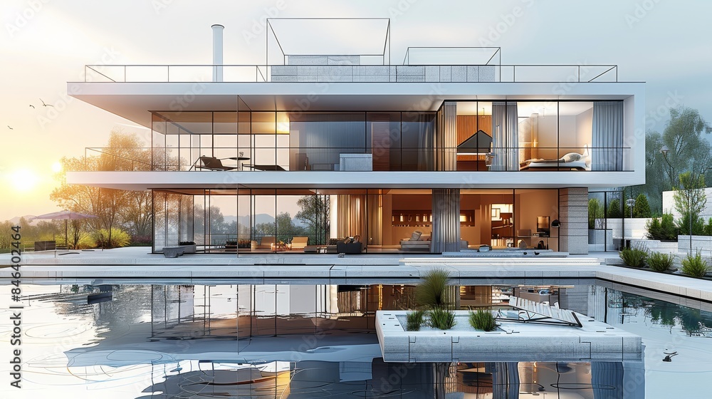 A detailed blueprint of a modern house, showcasing the interior and exterior design with annotations for materials used in construction. Generative AI. A detailed blueprint of a modern house, showcasing the interior and exterior design with annotations for materials used in construction. Generative AI.
