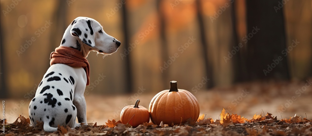 Autumn park scene with a Dalmatian puppy wearing a cozy hat and scarf sitting beside a pumpkin and gazing off into the distance Copy space image Autumn park scene with a Dalmatian puppy wearing a cozy hat and scarf sitting beside a pumpkin and gazing off into the distance Copy space image