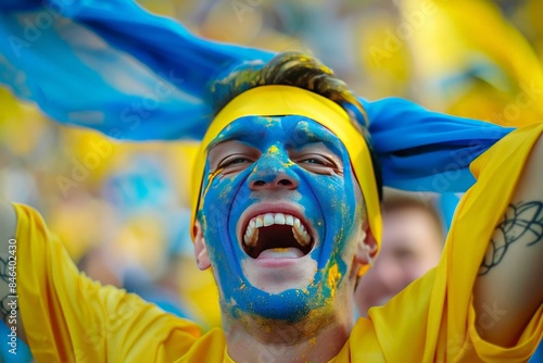 Amid the excitement of a sports event, a person's face is painted, showing support by holding a flag