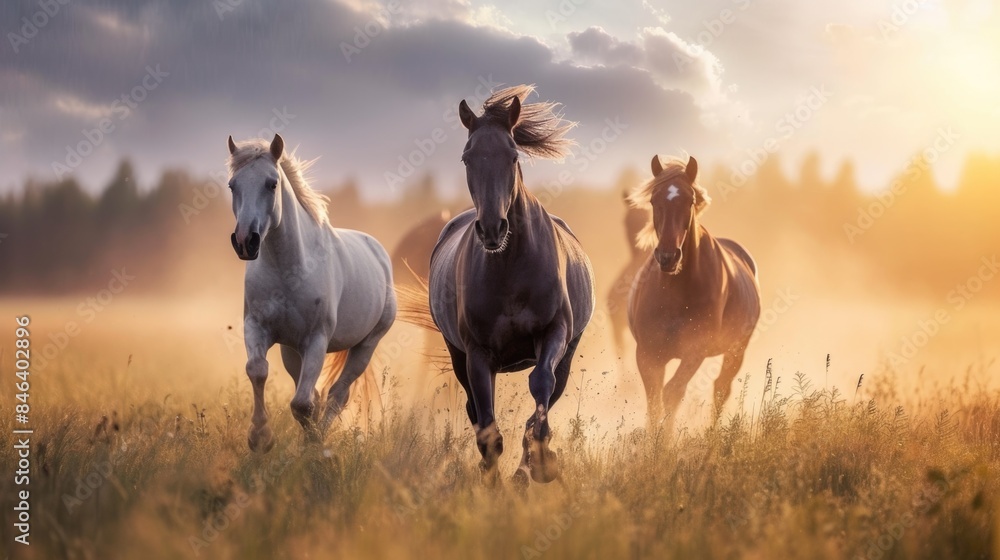 Sunset Gallop - Three Majestic Horses Running in a Dusty Field Sunset Gallop - Three Majestic Horses Running in a Dusty Field