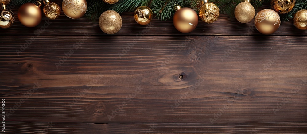 Naklejka premium A festive Christmas background featuring wooden ornaments golden balls and bells arranged on a rustic wooden table Ideal for a New Year s card this image offers copy space and a top down view for a v