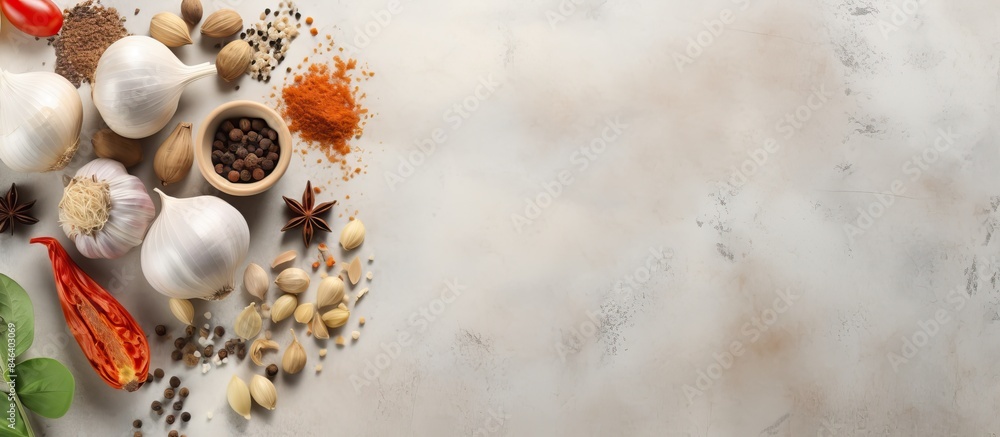 Obraz premium A top view of a culinary theme with a variety of spices such as garlic basil pepper and salt laid out on a light beige slate stone or concrete table with ample copy space in the image