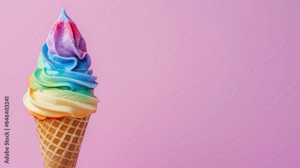 Colorful Rainbow Ice Cream Cone on Pink Background Colorful Rainbow Ice Cream Cone on Pink Background