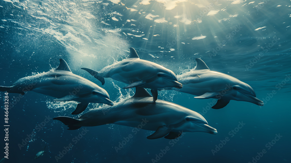Naklejka premium Two sparkling dolphins jumping out of the water at sunrise. Dolphins Jumping From The Sea. a pod of dolphins including fully grown and juvenile taken from a boat off the coast of Reykjavik Iceland. 