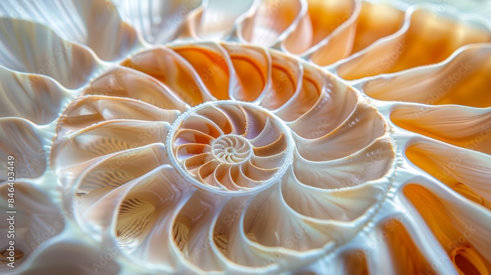 © Viktor - A detailed shot of an orange and white shell, featuring a significant spiral pattern at its center, and a smaller spiral motif atop its middle