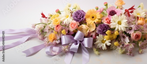 A postcard featuring a beautiful arrangement of spring flowers tied with a bow allowing for copy space image © StockKing