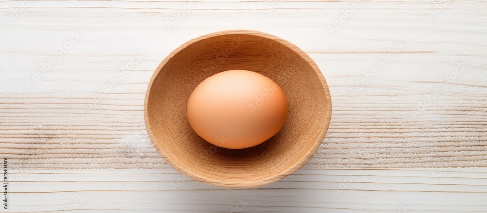 A chicken egg is placed in a wooden bowl on a white wooden table captured from a top view with plenty of room for additional imagery A chicken egg is placed in a wooden bowl on a white wooden table captured from a top view with plenty of room for additional imagery