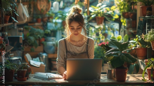 Focused young woman using laptop in a cozy plant-filled room.