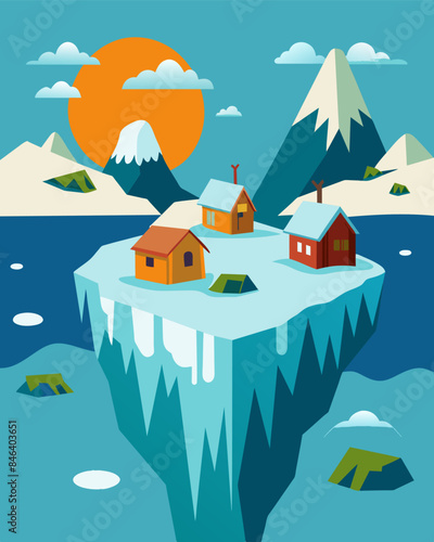 In a Arctic village melting permafrost and rising sea levels have made the land uninhabitable forcing its indigenous population to seek refuge in other parts of the country.. Vector illustration