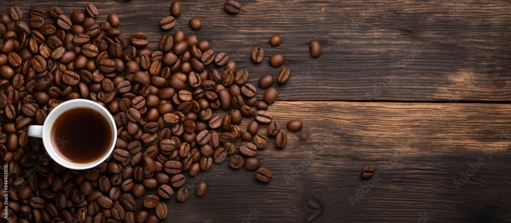 A flatlay view of coffee beans and a cup of coffee set against a background of wooden bricks providing ample copy space for an image A flatlay view of coffee beans and a cup of coffee set against a background of wooden bricks providing ample copy space for an image