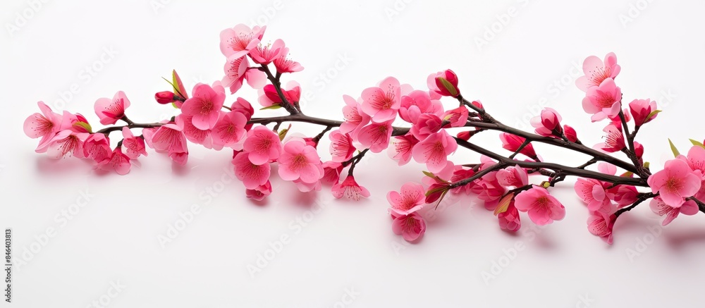Naklejka premium Artificial branch of blossoming cherry with bright pink flowers isolated on white background copy space for text