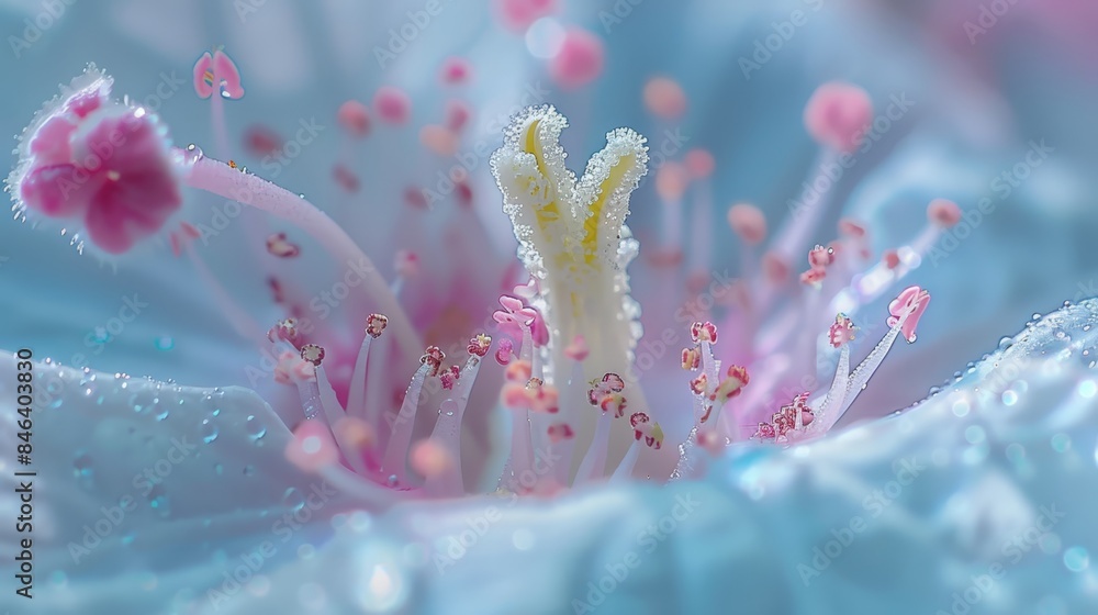 Fototapeta premium A close-up of a pink and white flower with dewdrops on its stamens